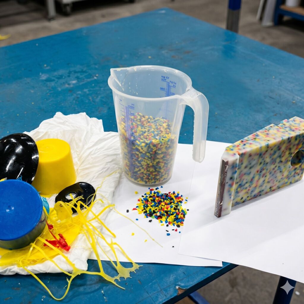 Exempel-pa-genomforda-hallbara-atgarder2 Återvunnet färgat plastgranulat i mätbägare bredvid färdiga polyuretandetaljer med konfettimönster